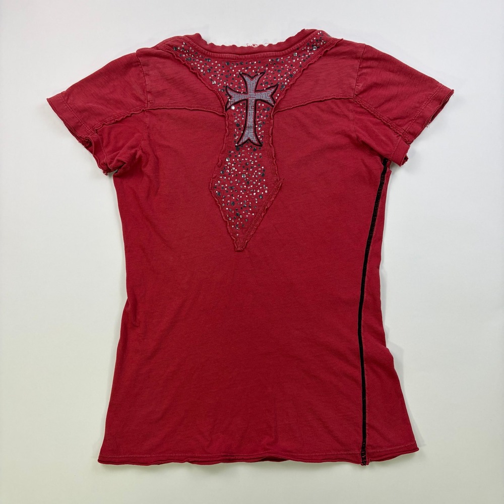 Affliction Live Fast Graphic T-Shirt Womens Medium Red Rhinestone Eagle Y2K Slim - Picture 2 of 7